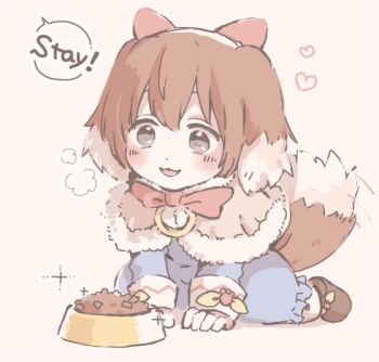Rule 34 | 1girl, all fours, animal ears, blue dress, boots, bow alma, bowl, brown boots, capelet, dog ears, dog girl, dog tail, dress, emil chronicle online, frilled dress, frills, fur capelet, grey eyes, hair ribbon, heart, neck ribbon, open mouth, pet bowl, pet food, pink ribbon, ribbon, socks, solo, speech bubble, spoken heart, tail, wagon coc, white capelet, white socks