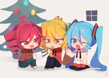 Rule 34 | 3girls, ahoge, akita neru, black leggings, black pants, blonde hair, blue eyes, blue hair, chibi, chibi only, christmas, christmas tree, commentary, drawstring, drill hair, eating, english commentary, food, food in mouth, gingerbread man, grey pants, hatsune miku, highres, holding, holding food, hood, hood down, hooded jacket, hoodie, indoors, jacket, kasane teto, leggings, lica (pixiv 104817545), long hair, long sleeves, miniskirt, multiple girls, on floor, one eye closed, open mouth, pants, pleated skirt, red eyes, red hair, red hoodie, red jacket, red skirt, signature, sitting, skirt, smile, triple baka (vocaloid), twin drills, twintails, utau, vocaloid, white hoodie, window, yellow eyes