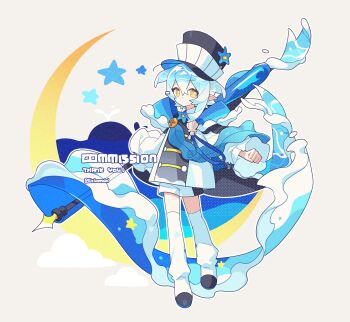 1girl absurdres black_hat black_shoes blue_hair clenched_hand closed_mouth coat commission double-parted_bangs full_body grey_background hair_between_eyes hat highres holding holding_staff long_sleeves looking_at_viewer meimei_(wakamoid) original outline outstretched_arm pointy_ears shoes short_hair shorts simple_background solo staff standing thank_you thighhighs twitter_username watermark white_coat white_outline white_shorts white_thighhighs yellow_eyes