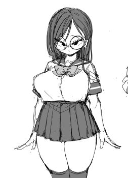 1girl breasts commentary glasses greyscale hair_between_eyes highres kneehighs large_breasts long_hair marui_maru monochrome pleated_skirt plump round_eyewear sailor sailor_collar school_uniform simple_background sketch skirt socks solo symbol-only_commentary thick_thighs thighs