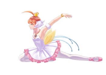 1girl ahiru_(princess_tutu) ahoge ballerina ballet ballet_slippers bare_shoulders bracelet closed_eyes crown dress full_body highres huge_ahoge jewelry jyouka magical_girl mini_crown pale_skin pantyhose pink_hair pink_shoes princess_tutu princess_tutu_(character) reflection reflective_liquid shoes short_hair smile solo transparent_background tutu white_dress