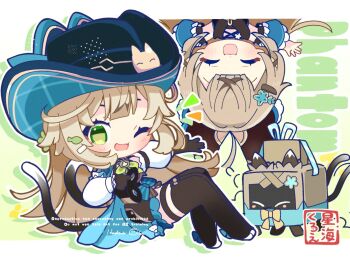 1girl :3 blonde_hair brown_gloves brown_thighhighs chibi closed_eyes commentary detached_sleeves genshin_impact gloves green_eyes hair_ornament hairclip hat hoshiusagi_no_chloe kirara_(cat)_(genshin_impact) kirara_(genshin_impact) kirara_(phantom_in_boots)_(genshin_impact) long_hair multiple_tails multiple_views nekomata official_alternate_costume one_eye_closed open_mouth tail thighhighs two_tails upside-down