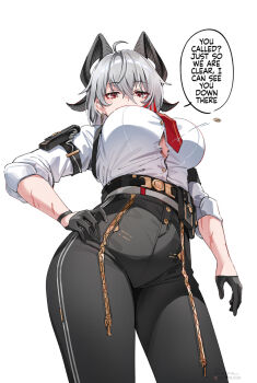 1girl ahoge black_gloves black_horns black_pants breasts button_gap chest_harness commentary cowboy_shot curled_horns derivative_work earrings english_commentary english_text flying_button foxyreine from_below gloves grey_hair hair_between_eyes half_gloves hand_on_own_hip harness high-waist_pants highres horns jewelry large_breasts looking_at_viewer looking_down mole mole_under_eye multicolored_hair necktie pants popped_button red_eyes red_necktie scar scar_on_arm shirt signature simple_background solo standing streaked_hair tight_clothes tight_pants underboob wardrobe_malfunction watermark web_address white_background white_shirt wuthering_waves zani_(wuthering_waves)