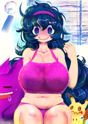 Rule 34 | 1girl, @ @, ahoge, black hair, blue eyes, blush, blush stickers, bra, breasts, cleavage, closed eyes, closed mouth, collarbone, creatures (company), curly hair, drooling, facing viewer, fat rolls, game freak, gen 1 pokemon, gen 7 pokemon, gengar, grin, hair between eyes, hairband, hakkasame, hand up, headband, hex maniac (pokemon), hot, large breasts, long hair, looking at viewer, midriff, mimiky, multicolored eyes, navel, nintendo, open mouth, panties, pokemon, pokemon (creature), pokemon xy, purple bra, purple eyes, purple hairband, purple headband, purple panties, ringed eyes, simple background, sitting, sleeveless, smile, sweat, tagme, tongue, underwear, wavy mouth, white background, wide-eyed, wind chime, window blinds