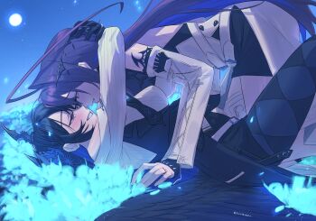 2girls absurdres ahoge all_fours argyle_clothes argyle_pantyhose asymmetrical_horns black_hair black_pantyhose black_skirt black_wings blue_flower demon_horns derivative_work detached_sleeves dress dress_shirt elisbian elizabeth_rose_bloodflame elizabeth_rose_bloodflame_(1st_costume) flower head_hug highres hololive hololive_english horns huge_ahoge jewelry long_hair looking_at_another low_wings lying moon multiple_girls nerissa_ravencroft nerissa_ravencroft_(1st_costume) night on_back outdoors pantyhose red_hair ring shirt single_thighhigh skirt smile thighhighs uneven_horns very_long_hair vest virtual_youtuber waistcoat white_dress white_shirt white_sleeves white_thighhighs wings yuri