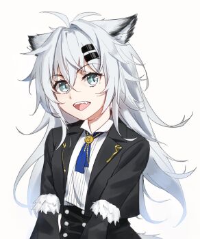 Rule 34 | 1girl, :d, animal ear fluff, animal ears, arknights, black jacket, black skirt, collared shirt, commentary request, dconan owo, grey background, grey eyes, grey hair, hair between eyes, hair intakes, hair ornament, hairclip, high-waist skirt, highres, jacket, lappland (arknights), long hair, long sleeves, looking at viewer, open clothes, open jacket, open mouth, shirt, simple background, skirt, smile, solo, very long hair, white shirt