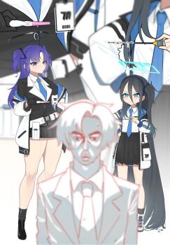 1boy 2girls :t absurdly_long_hair aris_(blue_archive) belt black_gloves black_hair black_hairband black_jacket black_shoes black_skirt blue_archive blue_eyes blue_necktie closed_mouth collared_shirt commentary cum gino_neko gloves hairband halo hand_on_own_hip holding holding_pregnancy_test holding_rod id_card jacket long_hair long_sleeves looking_at_another millennium_science_school_logo miniskirt multiple_girls necktie off_shoulder one_side_up open_clothes open_jacket pleated_skirt pout pregnancy_test purple_eyes purple_hair rod sensei_(blue_archive) shirt shoes sidelocks skirt sounding_rod standing two_side_up untranslatable_commentary v-shaped_eyebrows very_long_hair white_belt white_jacket white_shirt white_shoes yuuka_(blue_archive) zoom_layer