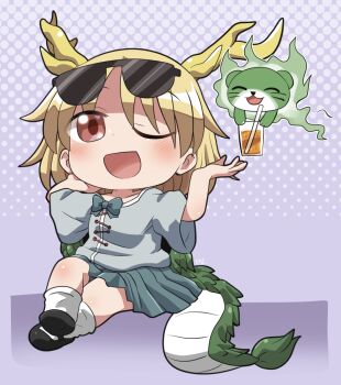 1girl ;d antlers black_shoes blonde_hair blue_background blue_shirt blue_skirt blush chibi chibi_only commentary_request crossed_legs cup dragon_tail drinking_glass drinking_straw eyewear_on_head full_body fur-tipped_tail green_tail hands_up highres horns kicchou_yachie one_eye_closed open_mouth otter_spirit_(touhou) parted_bangs pleated_skirt red_eyes rokugou_daisuke scales shirt shoes short_hair short_sleeves signature sitting skirt smile socks solo sunglasses tail touhou turtle_shell white_socks wide_sleeves yellow_horns