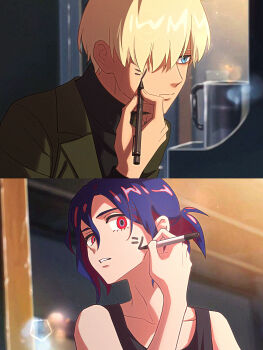 2boys absurdres black_shirt blonde_hair blue_eyes blue_hair char_aznable chinese_commentary colored_inner_hair commentary_request drawing_on_own_face green_jacket gundam gundam_gquuuuuux hair_over_one_eye highres holding holding_marker jacket kimi_no_na_wa. lower_eyelashes_only male_focus marker multicolored_hair multiple_boys parody red_eyes red_hair scene_reference shirouzu_(gundam) shirt short_hair shuji_ito sleeveless sonnambulo777 split_screen tank_top turtleneck two-tone_hair