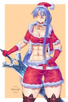 Rule 34 | 1girl, abs, blue hair, boxers, breasts, cleavage, closed mouth, cropped jacket, dedhed art, double-parted bangs, eiyuu densetsu, fur-trimmed gloves, fur trim, gloves, hair between eyes, hand on own hip, hat, highres, holding, holding sword, holding weapon, huge weapon, lace trim, large breasts, laura s. arseid, long hair, long single sidelock, looking at viewer, male underwear, muscular, muscular female, navel, ponytail, red gloves, santa hat, sen no kiseki, sen no kiseki (series), sen no kiseki iii, short sleeves, single sidelock, smile, solo, stomach, sword, underwear, upper body, weapon, yellow eyes