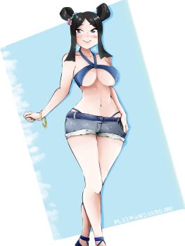 1girl absurdres alternate_costume bikini bikini_under_clothes black_hair breasts embarrassed fairy_tail flatpancakesjim flowers_in_hair highres large_breasts minerva_orlando short_pants shorts simple_background summer swimsuit underboob