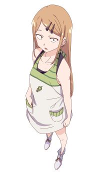 Rule 34 | 1girl, apron, arm at side, bare arms, bare shoulders, blonde hair, bluearcadegames, collarbone, dagashi kashi, ear piercing, earrings, endou saya, from above, full body, green apron, hair ornament, hairclip, hand in pocket, highres, hoop earrings, jewelry, long hair, open mouth, parted bangs, perspective, piercing, sanpaku, shoes, small pupils, solo, standing, white apron, white shoes