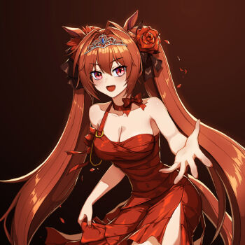 1girl animal_ears bare_shoulders blush bow breasts brown_hair choker cleavage daiwa_scarlet_(umamusume) dress flower hair_between_eyes hair_intakes highres horse_ears horse_girl horse_tail large_breasts long_hair looking_at_viewer mistcastle open_mouth reaching reaching_towards_viewer red_bow red_choker red_dress red_eyes single-shoulder_dress smile solo tail textless_version tiara twintails umamusume very_long_hair