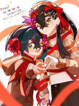 Rule 34 | 1boy, 1girl, alternate costume, black hair, blush, braid, brother and sister, brown hoodie, brown sweater, carmine (pokemon), commentary, cropped sweater, crossed bangs, dated, earrings, hair between eyes, hair ornament, hair ribbon, hairband, happy valentine, heart, heart hair ornament, heart hands, heart hands duo, highres, holding hands, hood, hood down, hoodie, jewelry, kieran (pokemon), long hair, looking at viewer, midriff, mole, mole under eye, navel, nintendo, one eye closed, open mouth, pink hair, pokemon, pokemon sv, red hair, red hairband, red ribbon, ribbon, shiro (46isou), siblings, sparkle, sweater, valentine, yellow eyes