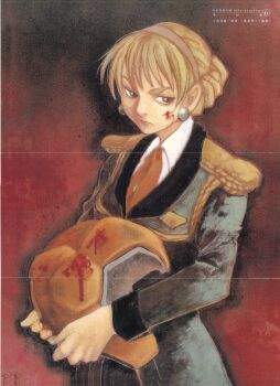 1990s_(style) 1girl absurdres artist_request blonde_hair blood brown_eyes earrings evil_eyes gundam hairband helmet highres holding holding_unworn_helmet jewelry katejina_loos military_uniform necktie official_art painting_(medium) poster_(medium) promotional_art retro_artstyle scan science_fiction traditional_media unworn_headwear unworn_helmet victory_gundam zanscare