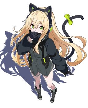 1girl absurdres animal_ear_headphones animal_ears bare_legs black_gloves blush boots bow cat_ears cat_tail covering_own_mouth fake_animal_ears from_above full_body girls'_frontline girls'_frontline_2:_exilium gloves green_bow green_eyes hair_between_eyes hand_to_own_mouth hand_up harpsy_(girls'_frontline_2) headphones highres jacket long_hair looking_at_viewer looking_up slit_pupils solo standing tail tail_bow tail_ornament tmp_(girls'_frontline) very_long_hair yellow_eyes yukari_(mzzu7342)