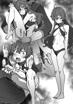 1boy 1girl absurdres ahoge anal anal_fingering anus ass_grab barefoot bikini blush breasts carrying closed_mouth constricted_pupils covered_erect_nipples eris_greyrat fingering full_body hetero highres ikacream_(artist) long_hair medium_breasts monochrome multiple_views mushoku_tensei navel open_mouth pussy revealing_clothes sequential slave speech_bubble standing sweat swimsuit tearing_up tears teeth toes