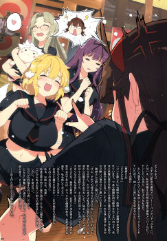 4girls :3 absurdres ahoge anger_vein angry animal_ears arms_up black_necktie black_ribbon black_skirt blonde_hair blush bow breasts brown_hair closed_eyes crop_top dog_ears dog_tail hair_ribbon hairband heart hebijo_academy_school_uniform highres holding imu_(senran_kagura) indoors large_breasts long_hair low_twintails magazine_scan medium_hair messy_hair miyabi_(senran_kagura) multiple_girls murasaki_(senran_kagura) navel necktie non-web_source official_alternate_costume official_art open_mouth paw_pose purple_hair red_hairband ribbon rimless_eyewear ryoubi_(senran_kagura) ryouna_(senran_kagura) saliva scan school_uniform senran_kagura senran_kagura_new_link skirt smile spoken_character spoken_heart stuffed_toy tail translation_request twintails yaegashi_nan