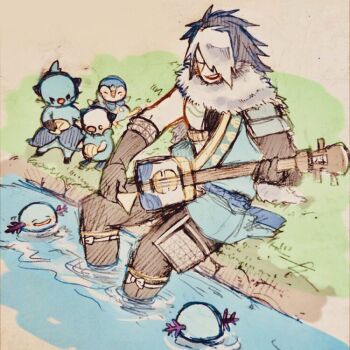 Rule 34 | armor, chosokabe motochika (sengoku musou), dewott, feet in water, gen 2 pokemon, gen 4 pokemon, gen 5 pokemon, grass, instrument, japanese clothes, kimono, multicolored hair, nintendo, oshawott, piplup, pokemon, pokemon conquest, river, satiko0222, sengoku musou, shamisen, sitting, two-tone hair, wooper