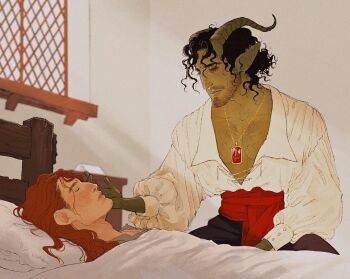 2boys arcanegold beard_stubble black_hair black_pants blanket chest_hair closed_eyes closed_mouth colored_skin commentary crystal_necklace curled_horns curly_hair demon_boy demon_horns dungeons_&amp;_dragons ear_piercing english_commentary eyelashes facial_hair fantasy gold_necklace gold_piercing green_skin hair_behind_ear hair_bun hand_on_another&#039;s_cheek hand_on_another&#039;s_face horns implied_yaoi indoors jewelry long_hair long_sleeves looking_at_viewer lying multiple_boys necklace on_back on_bed orange_hair original pants piercing pillow poet_shirt pointy_ears profile puffy_long_sleeves puffy_sleeves red_eyes red_sash renaer_neverember_(arcanegold) ring_piercing sash shirt shirt_tucked_in signature sitting skin-covered_horns sleeping stubble sunlight tiefling under_covers vincent_obra_(arcanegold) waist_sash white_shirt window