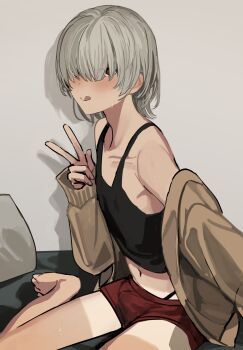 Rule 34 | 1boy, :q, bed sheet, black tank top, blush, brown cardigan, brown eyes, bulge, cardigan, collarbone, commentary request, crop top, erection, erection under clothes, grey hair, hair over eyes, highres, indoors, looking at viewer, navel, off shoulder, on bed, open cardigan, open clothes, original, pillow, red shorts, short hair, short shorts, shorts, solo, sunaba (nczd5875), sweat, tan, tank top, tanline, tongue, tongue out, trap, v