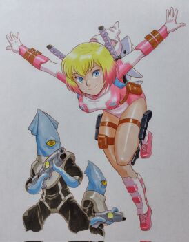 1girl 2boys aiming animal_bag arm_belt arms_up backpack bag belt belt_pouch black_bodysuit blonde_hair blue_eyes bodysuit breasts brown_belt closed_mouth colored_sclera colored_tips commentary_request gloves gun gwenpool highres holding holding_gun holding_weapon holster holstered leotard looking_at_viewer marvel medium_breasts mizutani_kenta multicolored_hair multiple_boys one-eyed pink_hair pink_leotard pink_shoes pouch red_eyes shark_bag sheath sheathed shin_guards shoes short_hair simple_background smile sneakers standing sword sword_on_back tentacle_arm teuthidan_(marvel) thigh_pouch thigh_strap thighs translation_request two-tone_hair weapon weapon_on_back white_background white_gloves yellow_sclera