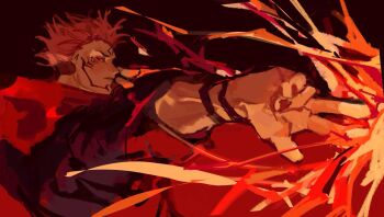 1boy burning extra_eyes facial_mark fire from_behind gesture_request glaring highres hood hood_down imminent_attack jujutsu_kaisen jujutsu_tech_uniform looking_back male_focus miilkk0 painterly pink_hair red_eyes red_hood ryoumen_sukuna_(jujutsu_kaisen) serious short_hair sideburns solo spiked_hair two-tone_hoodie upper_body