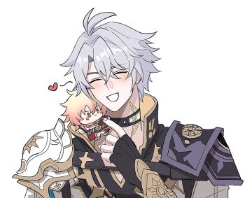 1boy antenna_hair armor black_choker black_gloves black_shirt blush character_doll choker closed_eyes coat commentary_request doll fingerless_gloves gloves honkai:_star_rail honkai_(series) korean_commentary male_focus mydei_(honkai:_star_rail) neck_tattoo parted_bangs pauldrons phainon_(honkai:_star_rail) shirt short_hair shoulder_armor single_pauldron solo sugarsalt_o sun_symbol sun_tattoo tan tattoo white_coat white_hair