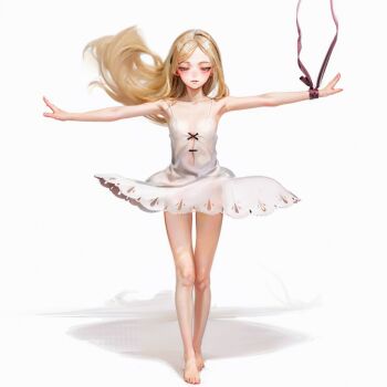 1girl armpits bare_arms bare_legs bare_shoulders barefoot blonde_hair dress feet flat_chest floating_hair full_body half-closed_eyes hashtag-only_commentary highres kiss-shot_acerola-orion_heart-under-blade kiss-shot_acerola-orion_heart-under-blade_(young) legs legs_together loli long_hair looking_at_viewer monogatari_(series) orange_eyes oshino_shinobu outstretched_arms parted_lips ribbon see-through_clothes see-through_dress short_dress simple_background sleeveless sleeveless_dress solo spaghetti_strap standing straight-on sweetonedollar t-pose thigh_gap toes white_background white_dress wrist_ribbon