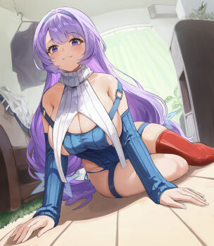 1girl :3 azur_lane blue_sleeves blush breasts cleavage commentary_request detached_sleeves endou_touya highres huge_breasts long_hair looking_at_viewer mole mole_under_eye purple_eyes purple_hair red_thighhighs ribbed_sleeves santa_fe_(azur_lane) single_thighhigh solo star-shaped_pupils star_(symbol) symbol-shaped_pupils thighhighs very_long_hair