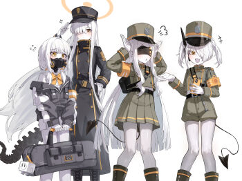 4girls aoba_(blue_archive) aoba_(blue_archive)_(cosplay) armband black_jacket black_shorts black_skirt blindfold blue_archive character_request colored_skin commentary_request cosplay demon_tail ein_(blue_archive) flying_sweatdrops gloves hat highres hikari_(blue_archive) hikari_(blue_archive)_(cosplay) jacket kokukyukeo long_hair long_sleeves malkuth_(blue_archive) mask mechanical_tail miniskirt multiple_girls nozomi_(blue_archive) nozomi_(blue_archive)_(cosplay) off_shoulder ohr_(blue_archive) orange_armband pantyhose peaked_cap pleated_skirt pose_imitation respirator short_hair short_shorts shorts skirt sof_(blue_archive) symbol-shaped_pupils tail triplets white_background white_gloves white_hair white_pantyhose white_skin x-shaped_pupils