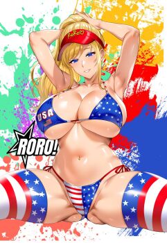 adjusting_hair american_flag american_flag_bikini american_flag_print armpits arms_up bikini blonde_hair blue_eyes breasts cleavage commentary_request flag_print flag_print_bikini graffiti grin halterneck high_ponytail hozumi_kenji large_breasts long_hair navel original ponytail print_bikini side-tie_bikini_bottom sitting smile swimsuit thighhighs underboob visor_cap