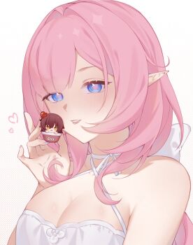 1girl bare_shoulders blue_eyes breasts cleavage commentary cupcake dress eden_(honkai_impact) elf elysia_(honkai_impact) english_commentary food highres holding holding_food honkai_(series) honkai_impact_3rd large_breasts looking_at_viewer pink_hair pointy_ears rin_(bakariiin) simple_background smile solo upper_body white_background white_dress