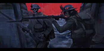 1girl 1other aiming backpack bag bayonet blood bone commentary demon demon_girl demon_horns english_commentary fangs glowing glowing_eyes gun helmet highres horns kitsune_udon_(qtsuneudon) looking_at_another military_uniform original pants pointy_ears rain red_sky reloading shirt short_hair skeleton skull sky soldier torn_clothes war weapon