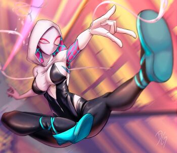 1girl alternate_breast_size_(larger) black_bodysuit blurry blurry_background bodysuit breasts commentary dilan_griz dynamic_pose full_body gwen_stacy highres hood hood_up hooded_bodysuit large_breasts marvel midair multicolored_bodysuit silk skin_tight solo spider-gwen spider-man:_across_the_spider-verse spider-man_(series) spider-verse spider_web_print superhero_costume uneven_eyes white_bodysuit