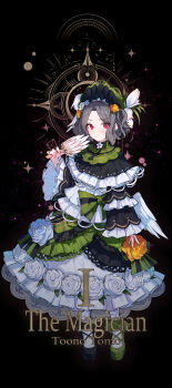 1girl absurdres asymmetrical_footwear black_background black_shoes blush chinese_commentary closed_mouth commentary_request cosplay dress ebizuka_tomo flower frilled_dress frills full_body girls_band_cry green_shoes grey_hair hand_fan heart highres holding holding_fan layered_dress looking_at_viewer mahou_shoujo_no_majo_saiban mismatched_footwear red_eyes rose shoes short_hair socks solo tono_hanna tono_hanna_(cosplay) white_dress white_flower white_rose white_socks yun_cao_bing