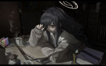 1girl absurdres arm_on_table black_eyes black_hair blue_archive book bookshelf cardigan closed_mouth coffee coffee_mug commentary cup dark desk dim_lighting elbow_on_table elbow_rest from_side glasses hairband halo highres indoors kyatto-mikazu long_hair long_sleeves looking_down mug open_book reading round_eyewear sailor_collar school_uniform sitting sleeves_past_wrists solo steam ui_(blue_archive) yellow_halo