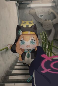 2girls absurdres animal_ears black_hair blonde_hair blue_archive blue_eyes cat_ears chibi commentary_request doodle_sensei_(blue_archive) fang hair_ornament halo highres horror_(theme) korean_commentary light_blush long_hair long_sleeves mari_(blue_archive) multiple_girls nun nun_headdress open_mouth red_halo sabnak66 scared sensei_(blue_archive) serika_(blue_archive) stairs tears yellow_halo