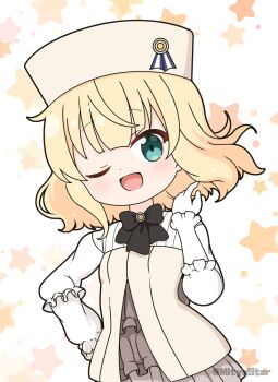 Rule 34 | 1girl, ;d, blonde hair, brown dress, brown hat, commentary request, cosplay, dress, frilled dress, frills, gloves, gochuumon wa usagi desu ka?, green eyes, hand on own hip, hand up, hat, jacket, kirima syaro, layered sleeves, long sleeves, looking at viewer, mitya, one eye closed, open mouth, partial commentary, princess (princess principal), princess (princess principal) (cosplay), princess principal, puffy long sleeves, puffy sleeves, simple background, smile, solo, star (symbol), star symbol background, twitter username, white background, white gloves, white jacket