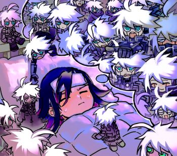 2boys ahoge android armor black_hair blue_eyes blush closed_eyes commentary danganronpa_(series) danganronpa_v3:_killing_harmony dreaming english_commentary flipped_hair full-face_blush grey_hair hair_between_eyes highres k1-b0 male_focus multiple_boys oma_kokichi pants pillow power_armor purple_eyes purple_hair ringed_eyes short_hair sick sleeping smile snoozaga speech_bubble sweat thought_bubble under_covers wavy_eyes white_hair