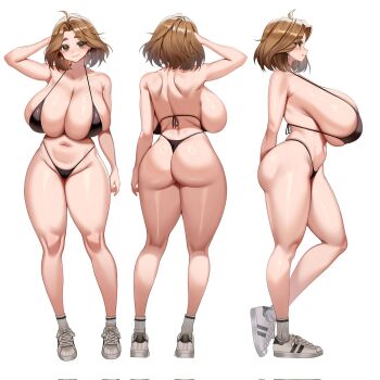 1girl :3 arm_behind_back arm_behind_head ass backboob bikini black_bikini breasts brown_hair butt_crack cleavage cross cross_earrings earrings from_behind from_side green_eyes hand_in_own_hair highleg highleg_bikini highres huge_breasts jewelry kokonattsu lips multiple_views navel original reference_sheet shoes short_hair sideboob smile sneakers socks solo standing swimsuit thick_thighs thighs thong thong_bikini white_background white_shoes white_socks