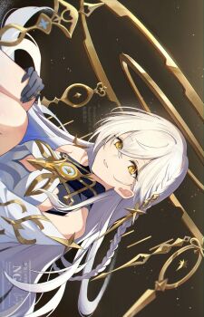 1girl bare_shoulders braid bright_pupils commentary_request detached_sleeves dress genshin_impact hair_between_eyes hair_ornament halo highres istaroth_(genshin_impact) jewelry long_hair looking_at_viewer miyanami_3 purple_hands sideways solo upper_body very_long_hair white_dress white_hair yellow_eyes