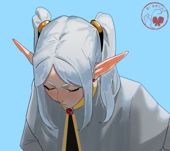 1girl blue_background brooch capelet closed_eyes closed_mouth commentary earrings elf english_commentary facing_down frieren gem grey_capelet highres hong_doo jewelry long_hair meme parted_bangs pointy_ears red_gemstone simple_background solo sousou_no_frieren twintails upper_body white_hair