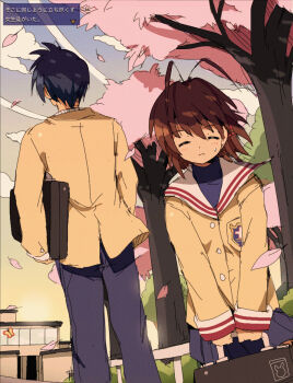 1boy 1girl =_= antenna_hair bag bendedede blue_hair blue_pants briefcase brown_hair bug butterfly cameo cherry_blossoms clannad closed_eyes closed_mouth cloud commentary english_commentary facing_away facing_viewer furukawa_nagisa hair_ornament highres hikarizaka_private_high_school_uniform insect jacket kirby_(series) morpho_knight morpho_knight_(butterfly) nintendo okazaki_tomoya outdoors pants pleated_skirt sailor_collar school school_bag school_briefcase school_uniform short_hair sketch skirt sky sleeve_cuffs sunset sweatdrop translation_request tree white_sailor_collar wind yellow_jacket