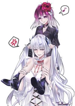 Rule 34 | 2girls, absurdres, aged down, anger vein, babydoll, black shirt, black shoes, breasts, bunching hair, carrying, chinese commentary, cleavage, collar, collared shirt, commentary, coquelic (path to nowhere), crystal, detached collar, dress shirt, eyeliner, flower, frilled collar, frills, gradient hair, hair between eyes, hair flower, hair ornament, headwear switch, highres, large breasts, long hair, makeup, material growth, medium hair, multicolored hair, multiple girls, musical note, path to nowhere, playing with another's hair, poppy (flower), purple eyes, purple hair, red flower, shalom (path to nowhere), shirt, shoes, shoulder carry, signature, simple background, smile, spoken anger vein, spoken musical note, teardrop facial mark, thorns, tsubomi qq, very long hair, white babydoll, white background, white hair