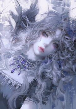 1girl absurdres black_dress blue_eyes commentary dress facial_mark gem grey_hair haji_(h0aj1) highres jewelry lips long_hair looking_at_viewer lying makeup necklace on_back original pale_skin parted_lips purple_eyes purple_gemstone red_lips solo upper_body wavy_hair