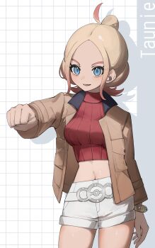 1girl absurdres belt blonde_hair blue_eyes bracelet breasts brown_jacket character_name clenched_hand collared_jacket commentary_request cropped_shirt eyelashes grid_background highres jacket jewelry long_sleeves momori0118 navel nintendo open_clothes open_jacket open_mouth outstretched_arm pokemon pokemon_legends:_z-a red_shirt ribbed_shirt shirt shorts sidelocks smile solo taunie_(pokemon) white_belt white_shorts