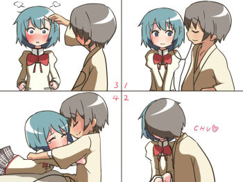 10s 1boy 1girl 4koma blue_eyes blue_hair blush c3000 comic hair_ornament hairclip heart hetero hug kamijou_kyousuke kiss mahou_shoujo_madoka_magica mahou_shoujo_madoka_magica_(anime) miki_sayaka robe school_uniform short_hair tears