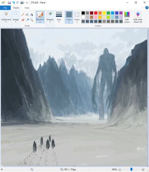 6+others art_program_in_frame blurry christian_young commentary creature depth_of_field footprints from_behind full_body giant grey_sky microsoft_paint_(medium) microsoft_paint_(software) mini_person mountain multiple_others original outdoors painterly scenery screencap sky snow standing