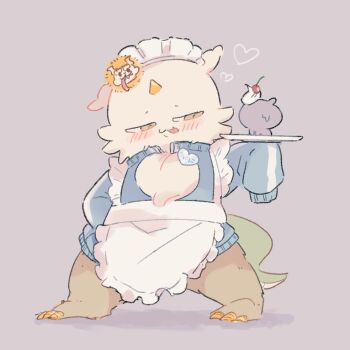 1other anoko_(chiikawa) apron blue_jacket blush center_opening chibikemo chiikawa commentary_request creature full_body furry grey_background half-closed_eyes hand_on_own_hip holding holding_plate horns jacket maid maid_apron maid_headdress nagasode_(nagasode0123) plate simple_background single_horn sleeves_past_fingers sleeves_past_wrists standing tongue tongue_out